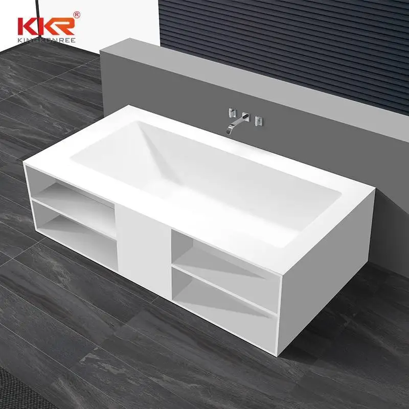 Rectangle freestanding solid surface wall against bathtub with storage shelves KKR-B069 1