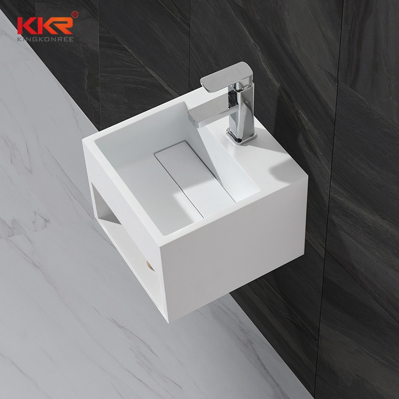 Lavabo colgante de pared cuadrado de superficie sólida acrílica de piedra Artificial de tamaño pequeño KKR-1360 1