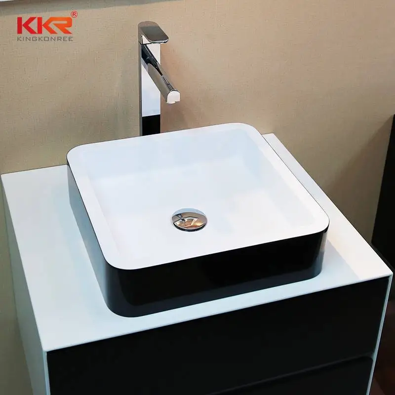 Square Shape White Inside And Black Outside Solid Surface Countertop Wasb Basin KKR-1154 1