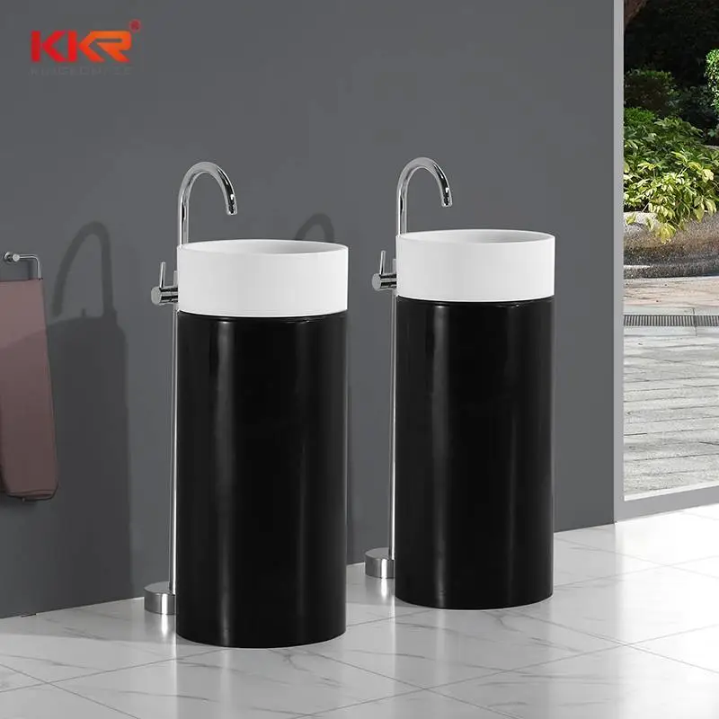 White + Black Polymarble Stone Round Freestanding Wash Basin KKR-1386 1