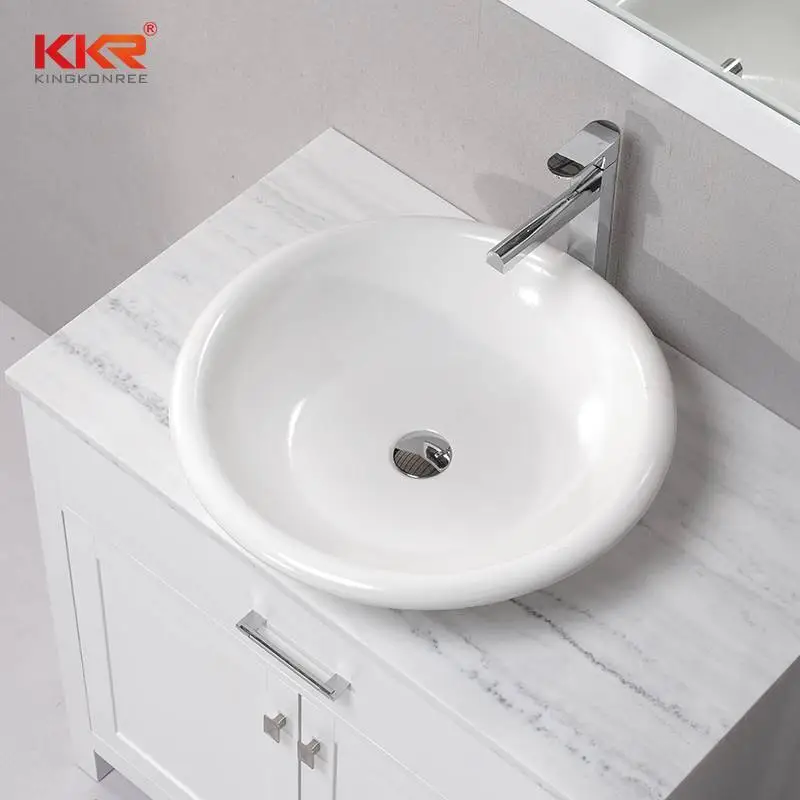 Round Bowl Shape White Solid Surface Polymarble Above Counter Basin KKR-1050 1
