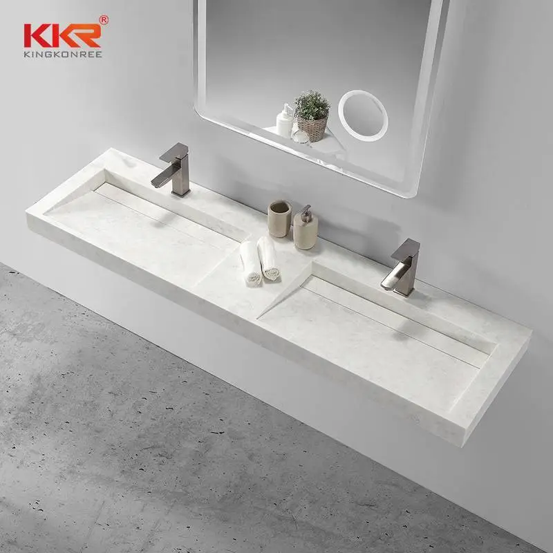 Luxe design dubbele wastafel in marmerkleur, kleine schuine wandbekken 1