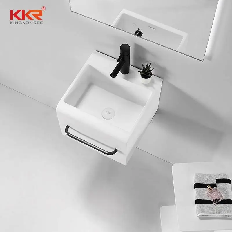 Square Customized Design Small Solid Surface Acrylic Stone Wall Hang Bathroom Basin KKR-1600 1