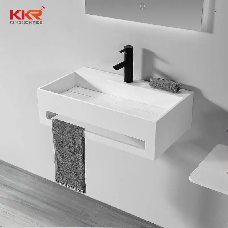 White Marble Solid Surface Bathroom Sink Stone Washbasins With Towel Rail 1