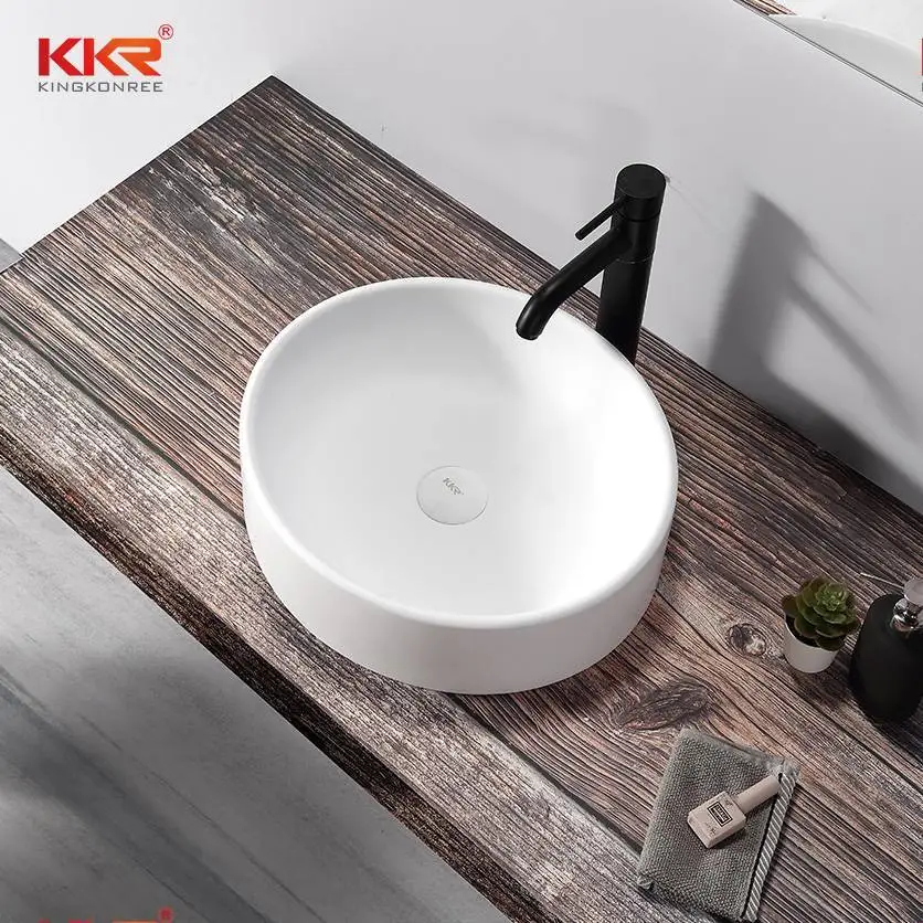 Mini Round Bathroom Sink Pure White Solid Surface Sink Wash Basin KKR-1110 1