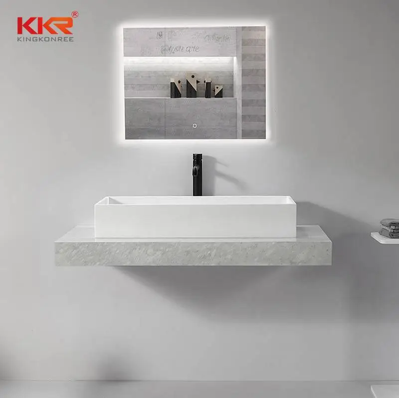 Rectangle White Marble Solid Surface Counter Top WashBasin KKR-1114 1