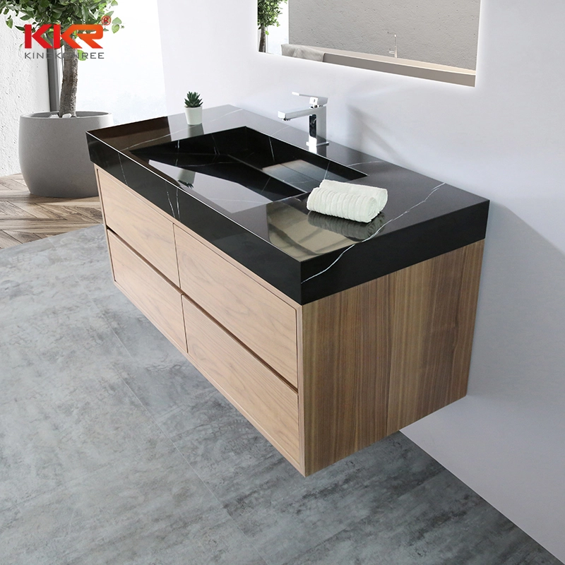Cabinet en bois suspendu au mur en pierre avec lavabo en marbre noir 1