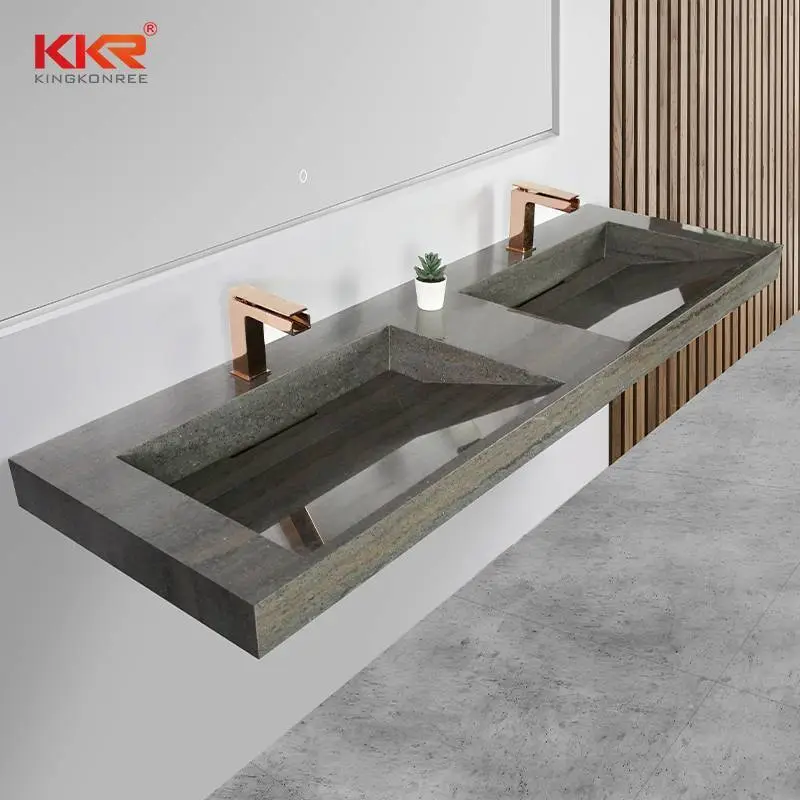 حوض مزدوج مثبت على الحائط ذو سطح صلب من الحجر الاصطناعي والرخام KKR-M8873 1