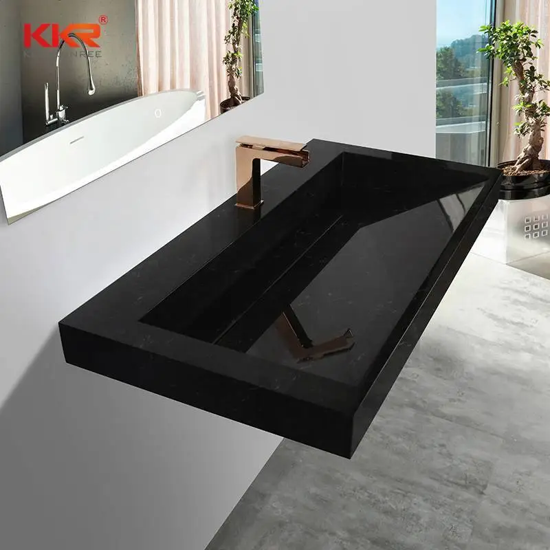 Black and white texture marble acrylic resin solid surface stone bathroom wall mounted basin sinks for 5 star hotel KKR-M7808 1