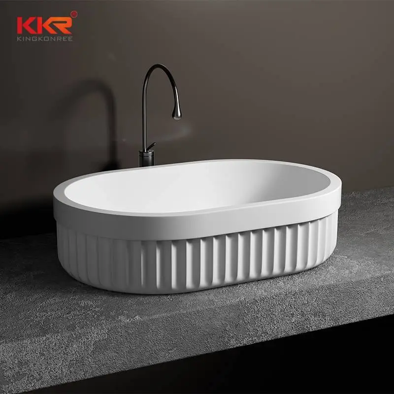 Luxury Design Striped Shape Bathroom Art Basin Solid Surface White Sink KKR-2113 1