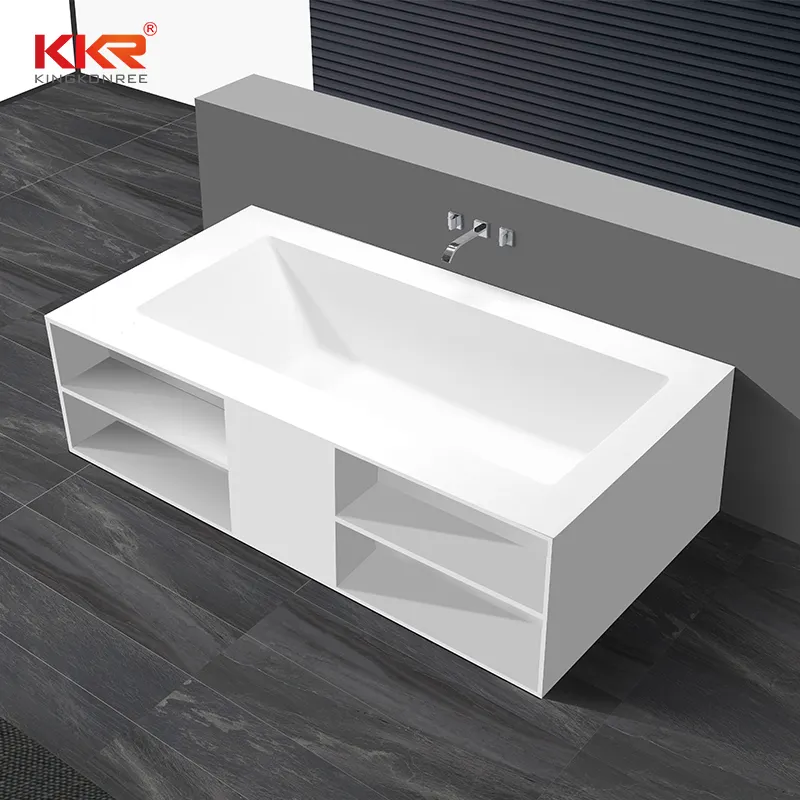 KingKonree Rectangle freestanding solid surface wall against bathtub with storage shelves KKR-B069 Solid Surface Bathtub image21