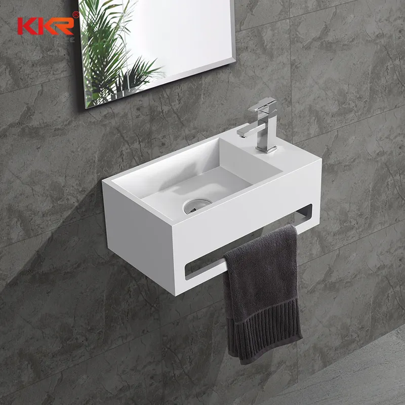 KingKonree Hot sales small size acrylic solid surface resin stone wall mounted wash basin with towel hanger KKR-1105-A Wall Mount Basin image20