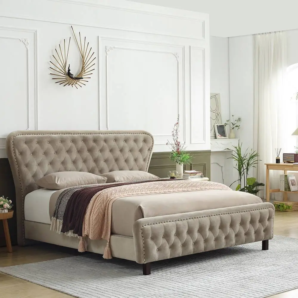 MB3565ZT |  Royal Luxury Button Cream Velvet upholstered bed for high end market 1