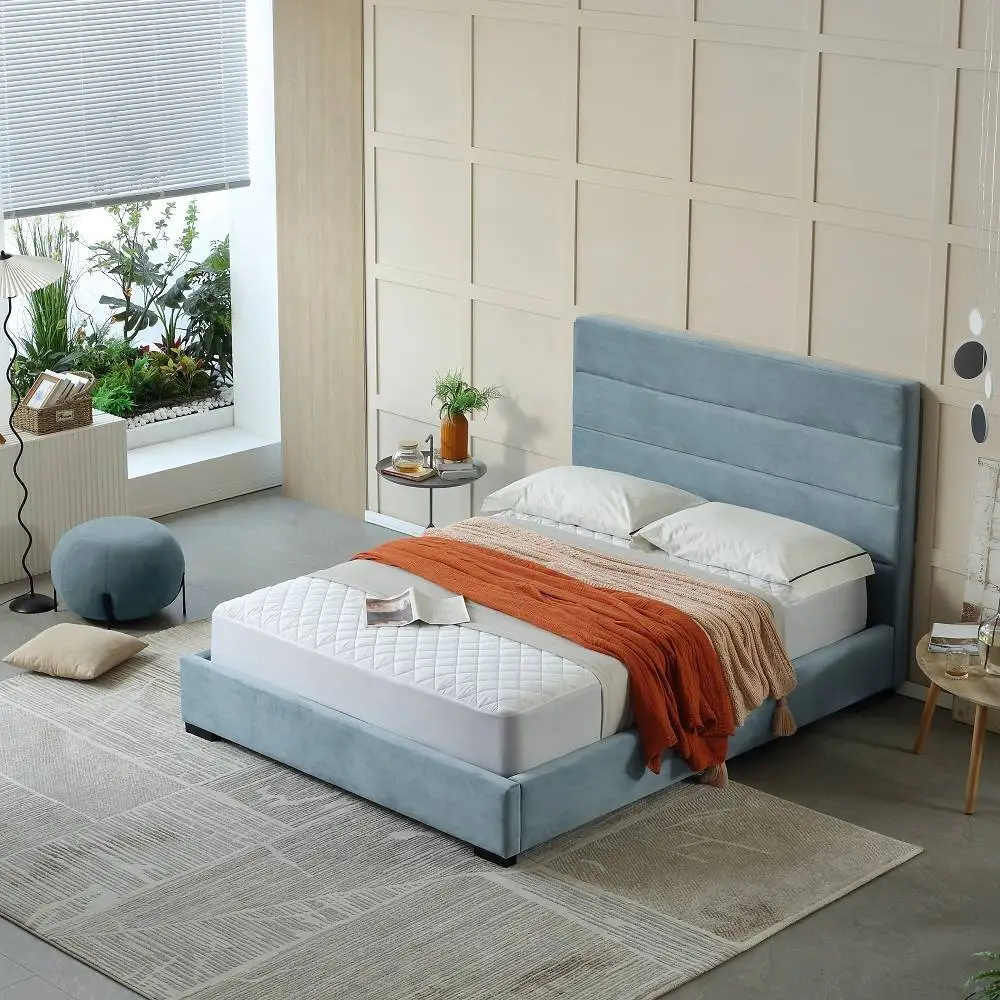 MB3611ZT | Cama tapizada de tela de terciopelo azul oscuro con forma de línea moderna para adulto 1