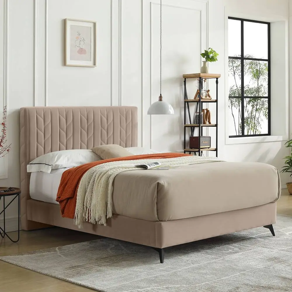 MB3635ZT |  2022 Minimalist Leaf shape upholstered bed for adult Milk-Tea Color 1