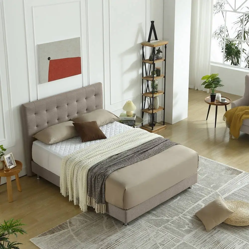 MB3601ZT | Modern tufted Design Cotton Fabric upholstered bed for middle end market Light Cream color 1