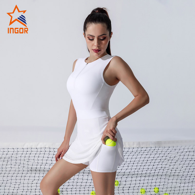 Ingorsports high quality round neck zipper type tight one piece custom tennis skirt dress 3