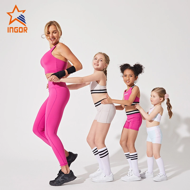 Ingorsports Abbigliamento personalizzato genitore-figlio all'ingrosso Fascia elastica in vita morbida con reggiseno con design a due tasche laterali & Set corto per abbigliamento sportivo da palestra per yoga 1