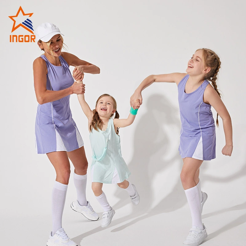 Ingorsports Manufacturing Ropa personalizada para padres e hijos Diseño de espalda de carrera Línea de costura de contraste blanco Falda de una pieza para niños Ropa deportiva informal 1
