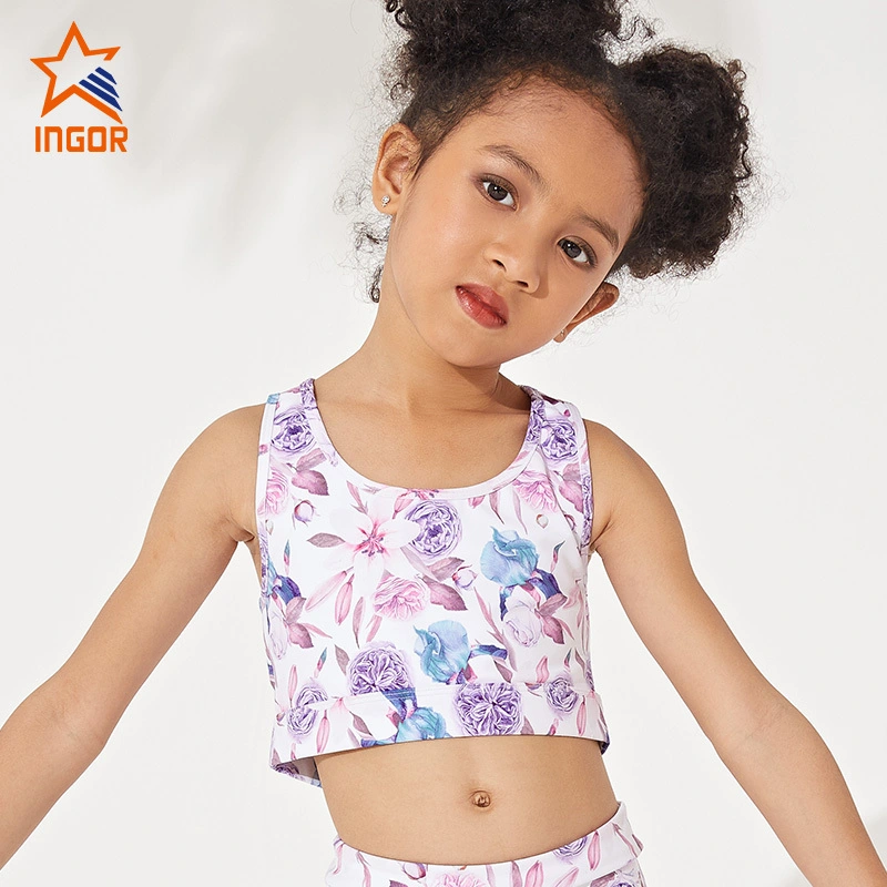 Ingorsports Venta al por mayor Niños Sublimación Estampado floral Estampado Banda elástica inferior suave Cuello en U & Estilo de espalda cortada Deportes Yoga Ropa deportiva 1