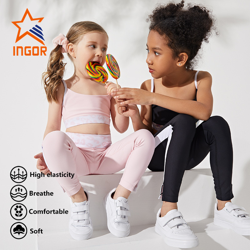 Ingor Sports Tillverkare Partihandel U Back Style Sublimation Rosa Leopard Print BH & Leggingbyxor för barn Sport Gym Fitness Wear 1