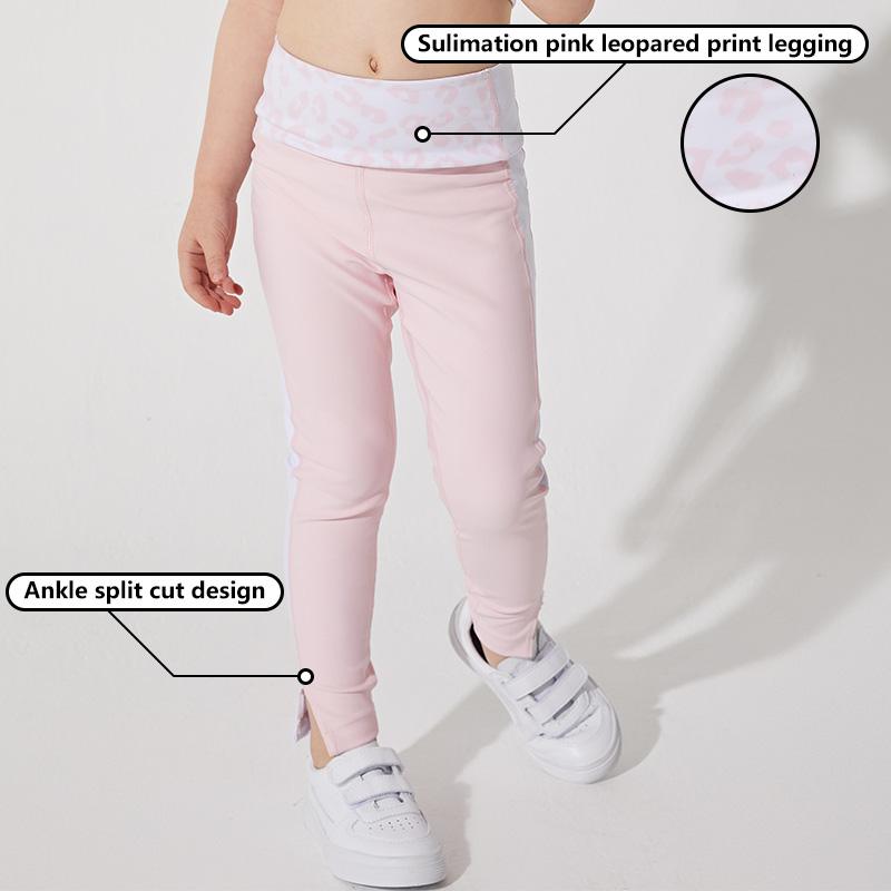 Ingor Sports Tillverkare Partihandel U Back Style Sublimation Rosa Leopard Print BH & Leggingbyxor för barn Sport Gym Fitness Wear 3