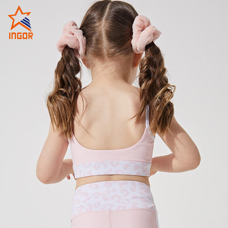 Ingor Sports Tillverkare Partihandel U Back Style Sublimation Rosa Leopard Print BH & Leggingbyxor för barn Sport Gym Fitness Wear 6