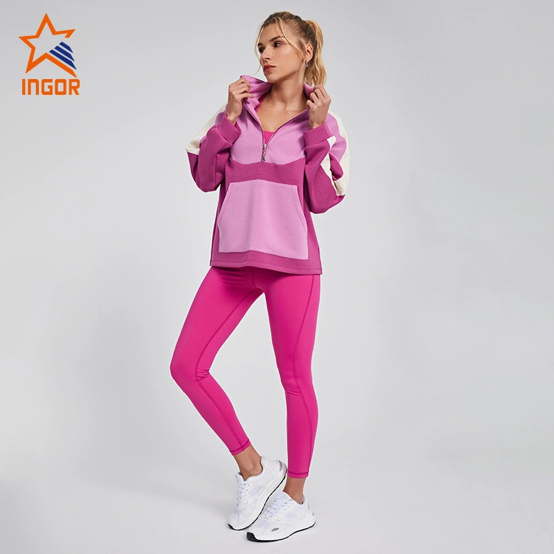 Ingorsports Custom Activewear Coupe ample Sweat à capuche zippé 3/4 avec poche kangourou & Legging taille haute 7/8 de longueur avec poche Ensemble de sport 1