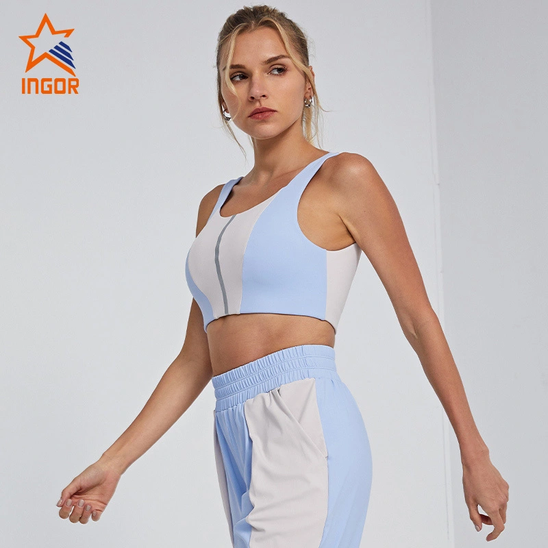 Reggiseno sportivo con etichetta privata Ingorsports all'ingrosso, abbigliamento sportivo, scoop profondo, retro a U, con nastro riflettente, design a colori a contrasto 1