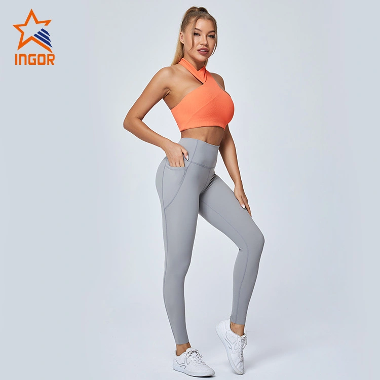 Produttori di abbigliamento da palestra Ingorsports in evidenza Reggiseno sportivo in tessuto jacquard & Pantaloni legging attillati da yoga con tasche 1