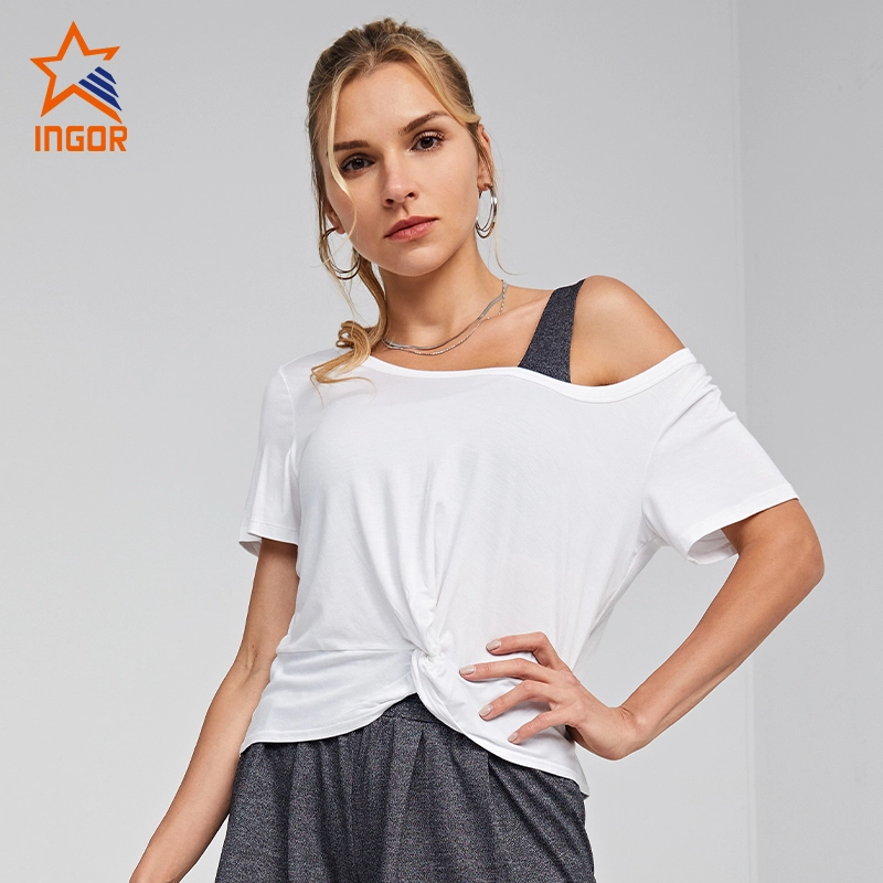 Ingorsports Gym Wear Hersteller einfarbige Damen-T-Shirts mit verdrehtem Design 1