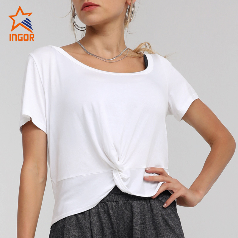 Ingorsports Fabricants de vêtements de sport pour femmes T-shirts de couleur unie au design torsadé 3