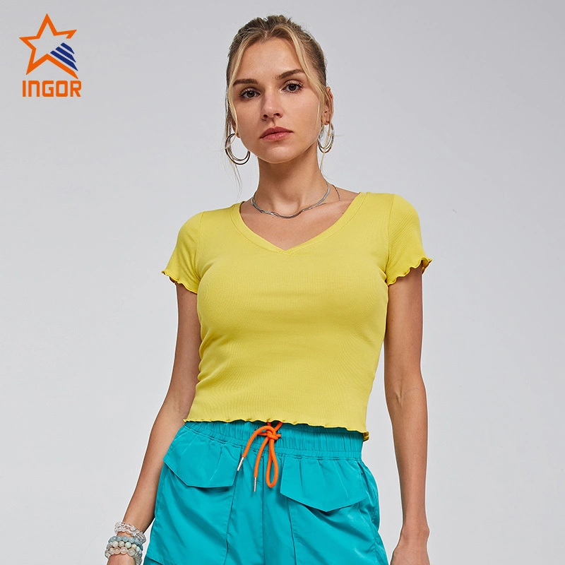 Ingor Sportswear Custom Gym Clothing Manufacturers Women Exposed Seam V neck Crop T-Shirt 1