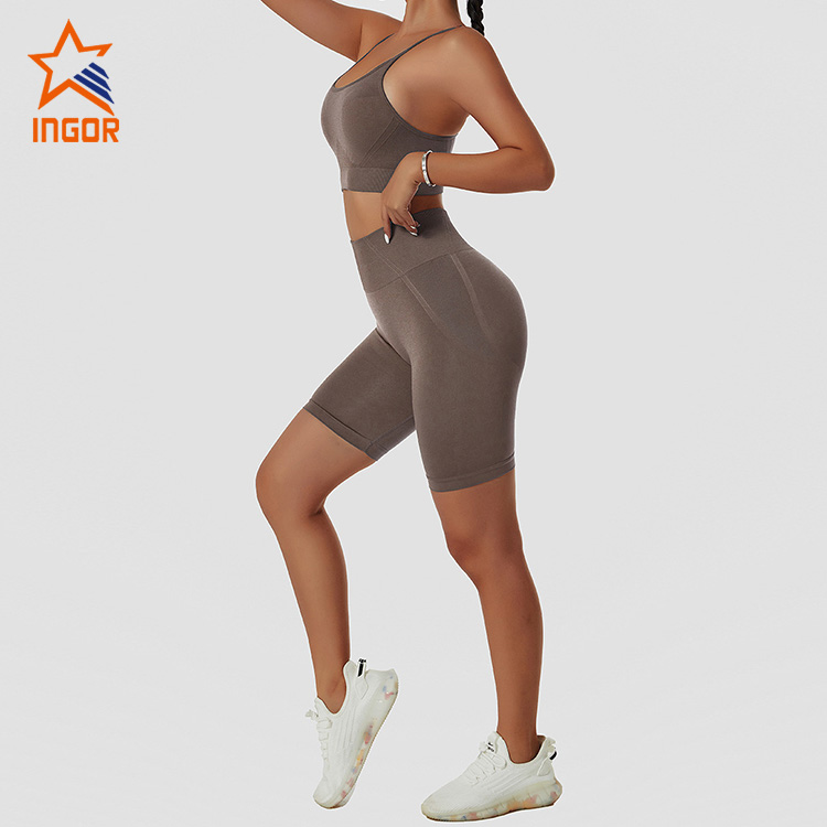 Ingor Sportswear シームレス ハイウエスト アウトドア 女性用 タイト 通気性 バットリフティング ランニング バイカー スポーツ ショーツ 3