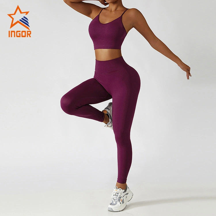 Ingor Sportswear Custom Gym Wear Fabricantes Sutiã esportivo sem costura & Conjuntos de ioga com legging para levantamento de bunda com nervuras 1