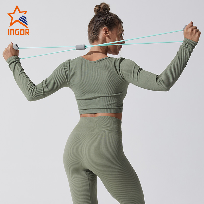 Ingor sportswear gym wear manufacturers ribbed seamless crop tee & butt lifting leggings set 5