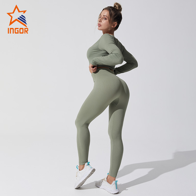 Ingor sportswear gym wear manufacturers ribbed seamless crop tee & butt lifting leggings set 2