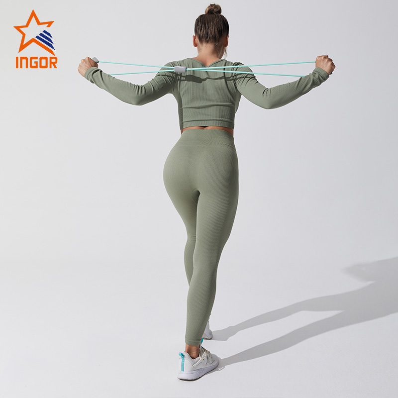 Ingor sportswear gym wear manufacturers ribbed seamless crop tee & butt lifting leggings set 4