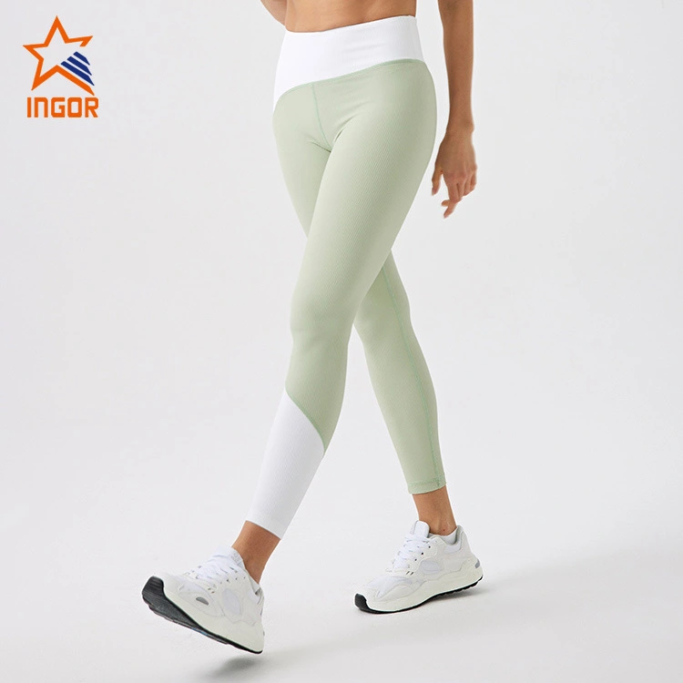 Fornecedor de roupas esportivas Ingorsports com nervuras personalizadas em cor contrastante, cintura alta, legging de comprimento 7/8 com tecido sustentável reciclado 1