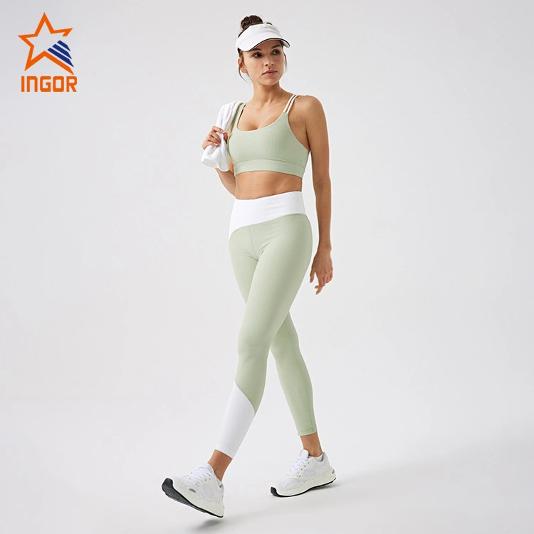 Ingorsports Gym Wear Manufacturers OEM ODM Custom Ribbed Tyg Kontrastfärg Sport BH & Leggings Sport Set 1
