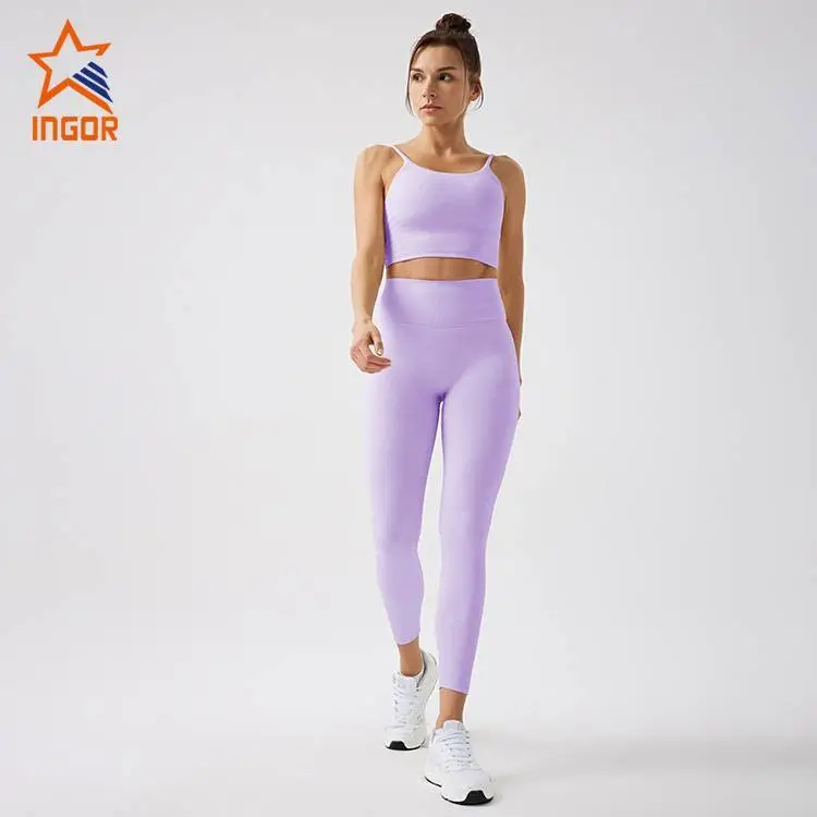 Ingorsports Sustainable Activewear Manufacturer Custom Recycled Ribbed Fabric Classic Trendy Crop Top & High Waist Leggings Set 1