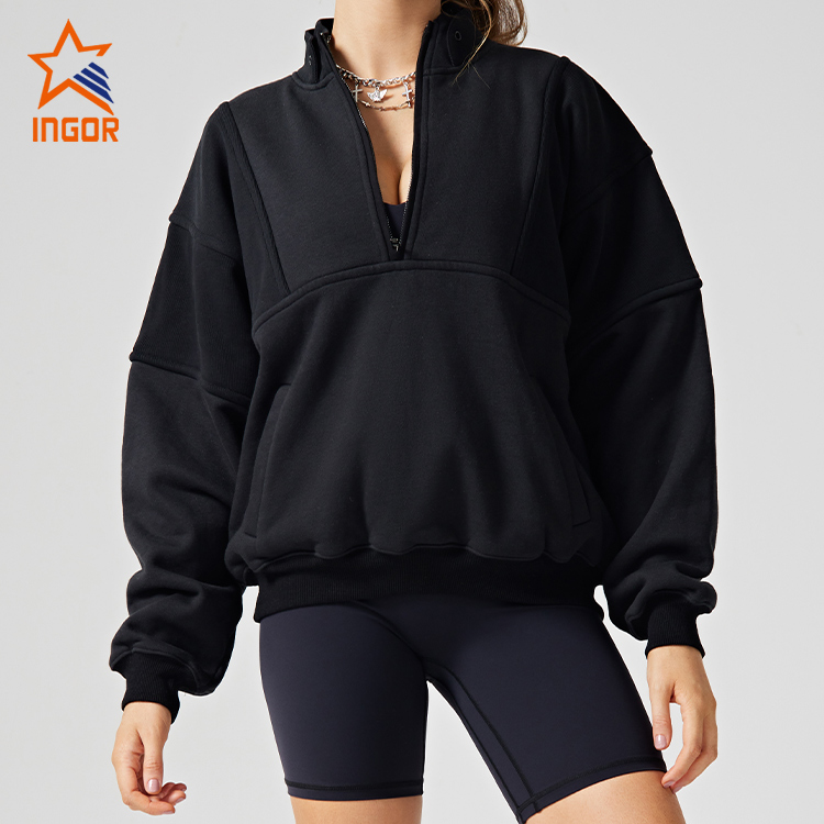 Ingor Sportswear Workout Clothing Manufacturers Loose Half Zipper Pockets Hoodies 6