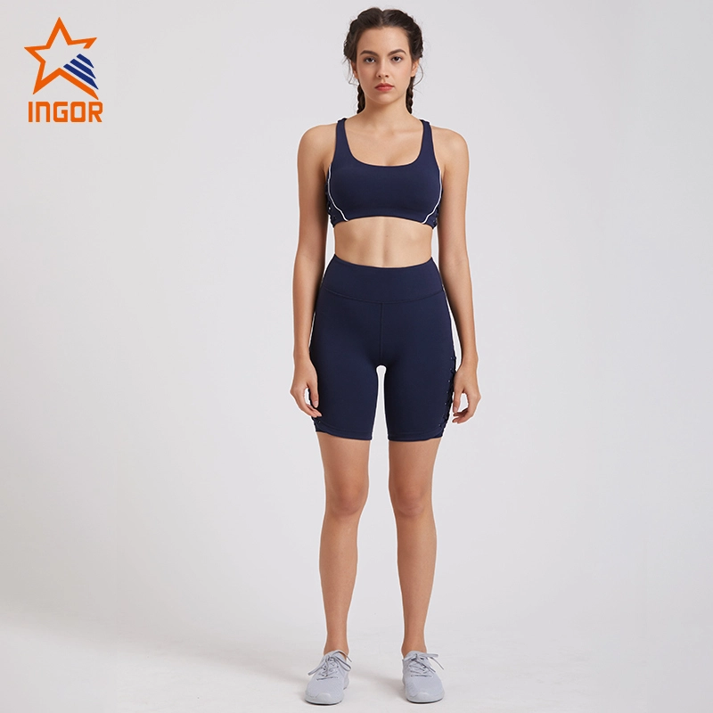 Ingorsports High Waist Workout Biker Compression Navy Yoga Shorts Set 1