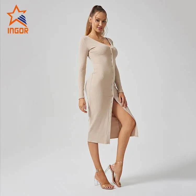 Activewear Apparel Manufacturers Custom Women Ribbed Button Front Midi Dress 1