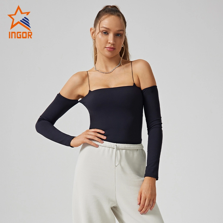 Fabricantes de ropa de entrenamiento Mujeres personalizadas con hombros descubiertos, camisetas de manga larga 1