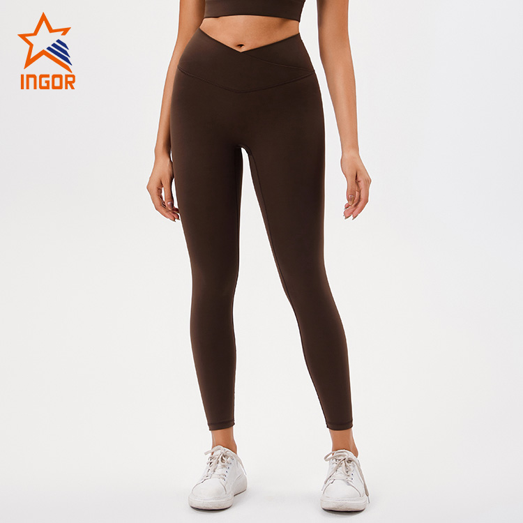 Lieferanten von Fitnessbekleidung, maßgeschneiderte Damen-Yoga-Leggings aus recyceltem Stoff mit überkreuzter Taille 1