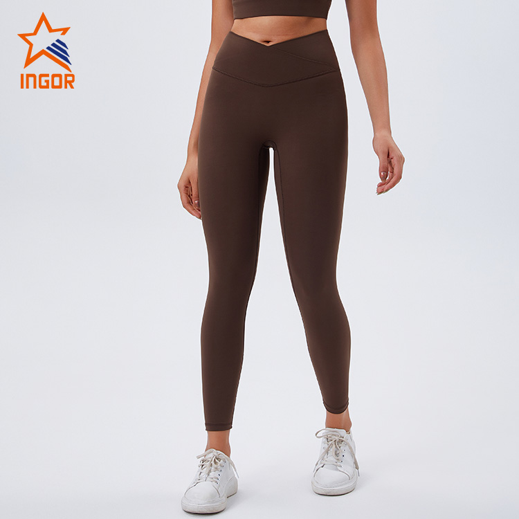 Lieferanten von Fitnessbekleidung, maßgeschneiderte Damen-Yoga-Leggings aus recyceltem Stoff mit überkreuzter Taille 3
