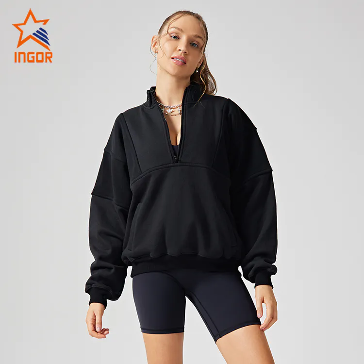 Ingor Sportswear Workout Clothing Manufacturers Loose Half Zipper Pockets Hoodies