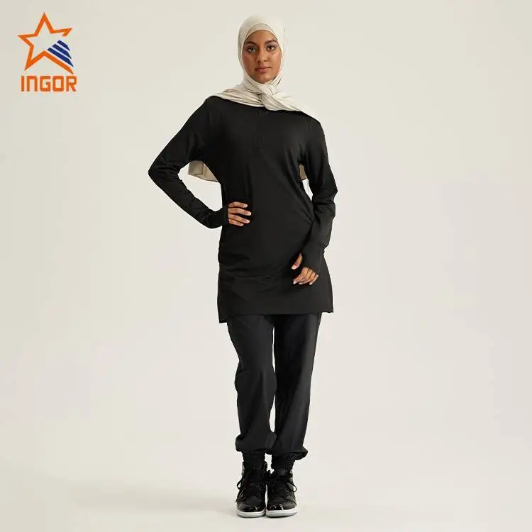 Roupas islâmicas muçulmanas femininas esportivas camiseta de manga comprida & Conjuntos de calças 1