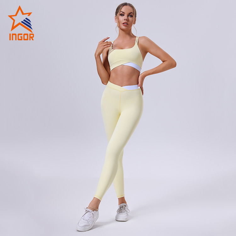 OEM ODM Custom Damen Kontrast-Yoga-BH + Cross-Leggings-Sport-Sets 3